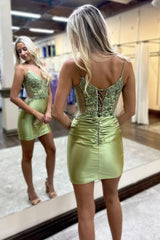 Stunning Sage Green Spaghetti Straps Short Satin Homecoming Dress With Appliques