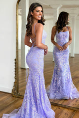 Sweet Lilac Spaghetti Straps Lace Up Long Corset Prom Dress With Appliques