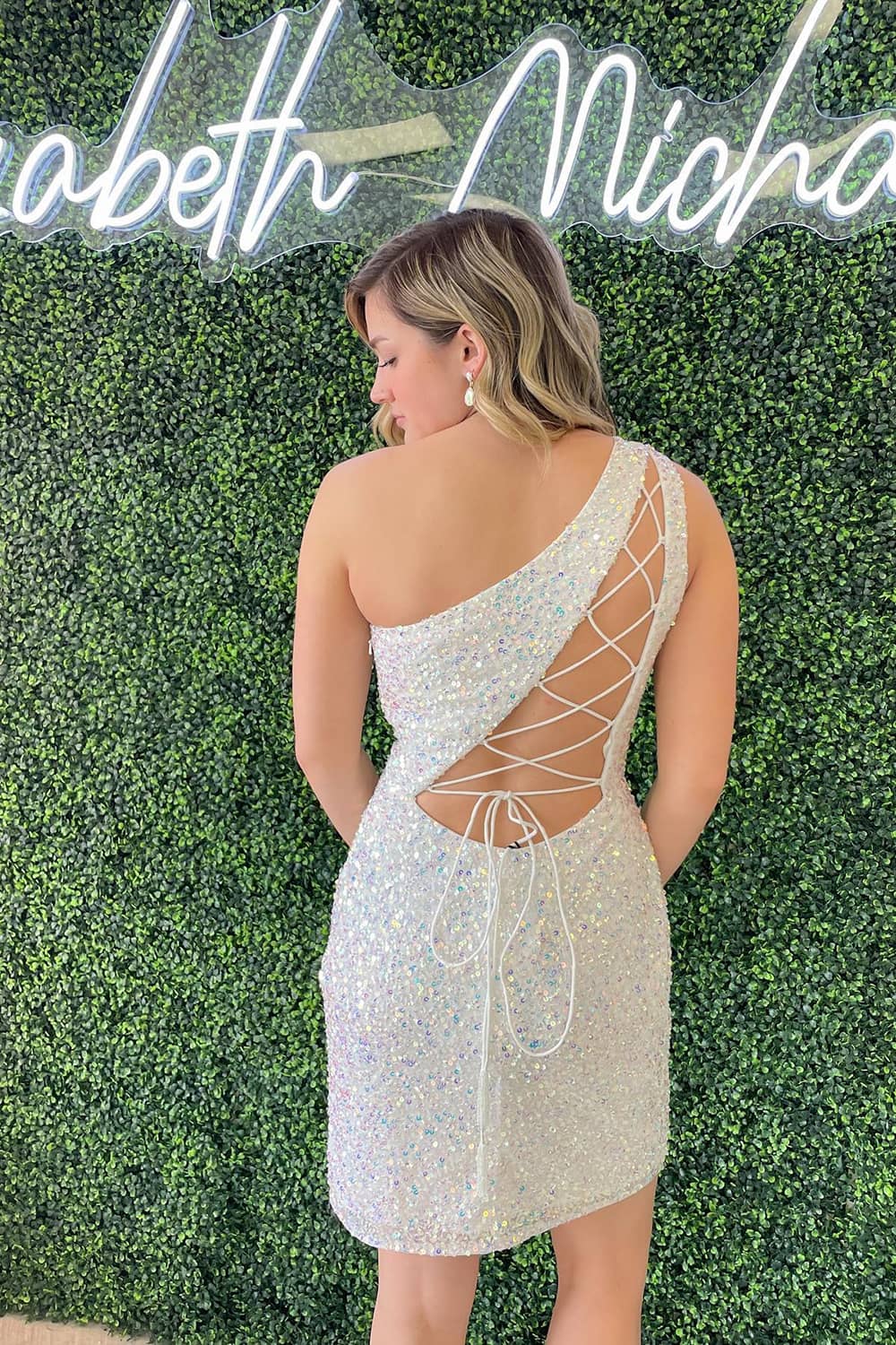 One Shoulder Corset Back Homecoming Dress With Sequins