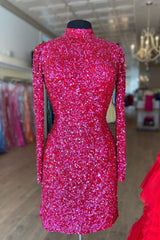Fuchsia Bodycon Long Sleeve Homecoming Dress With Sequins