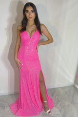 Sheath Spaghetti Straps Hot Pink Sequins Long Prom Dress with Split Front