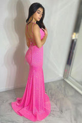 Sheath Spaghetti Straps Hot Pink Sequins Long Prom Dress with Split Front
