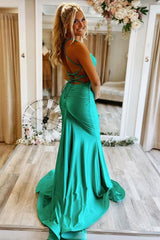 Mermaid Halter Neck Green Long Prom Dress with Criss Cross Back