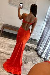 Stylish Orange Mermaid Spaghetti Straps Long Beaded Prom Dress