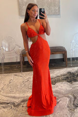 Stylish Orange Mermaid Spaghetti Straps Long Beaded Prom Dress