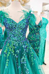 Princess A Line Off the Shoulder Green Long Prom Dress with Feather