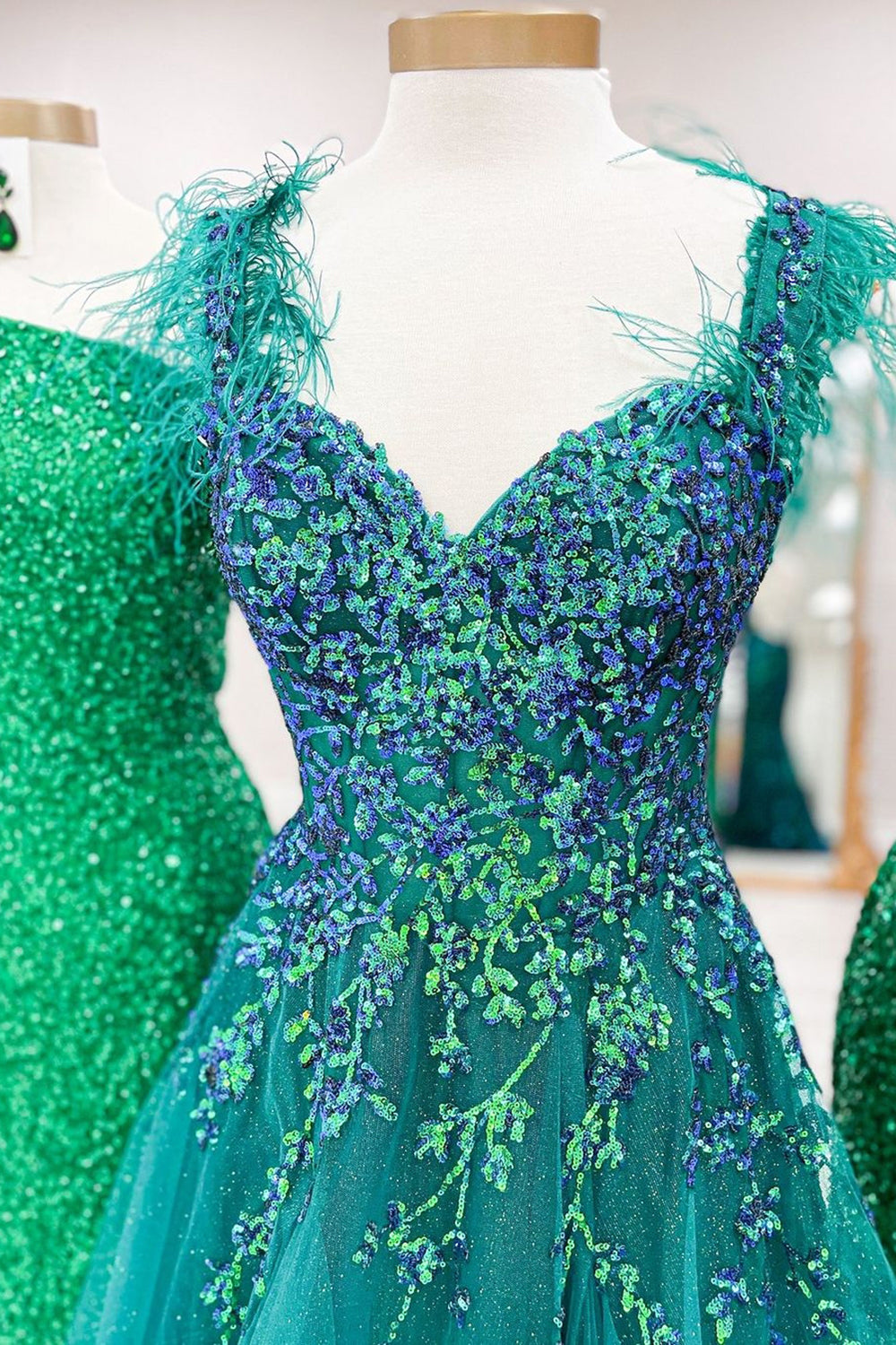 Princess A Line Off the Shoulder Green Long Prom Dress with Feather