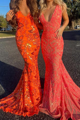 Coral Sparkly Mermaid V-Neck Long Tight Prom Party Dress