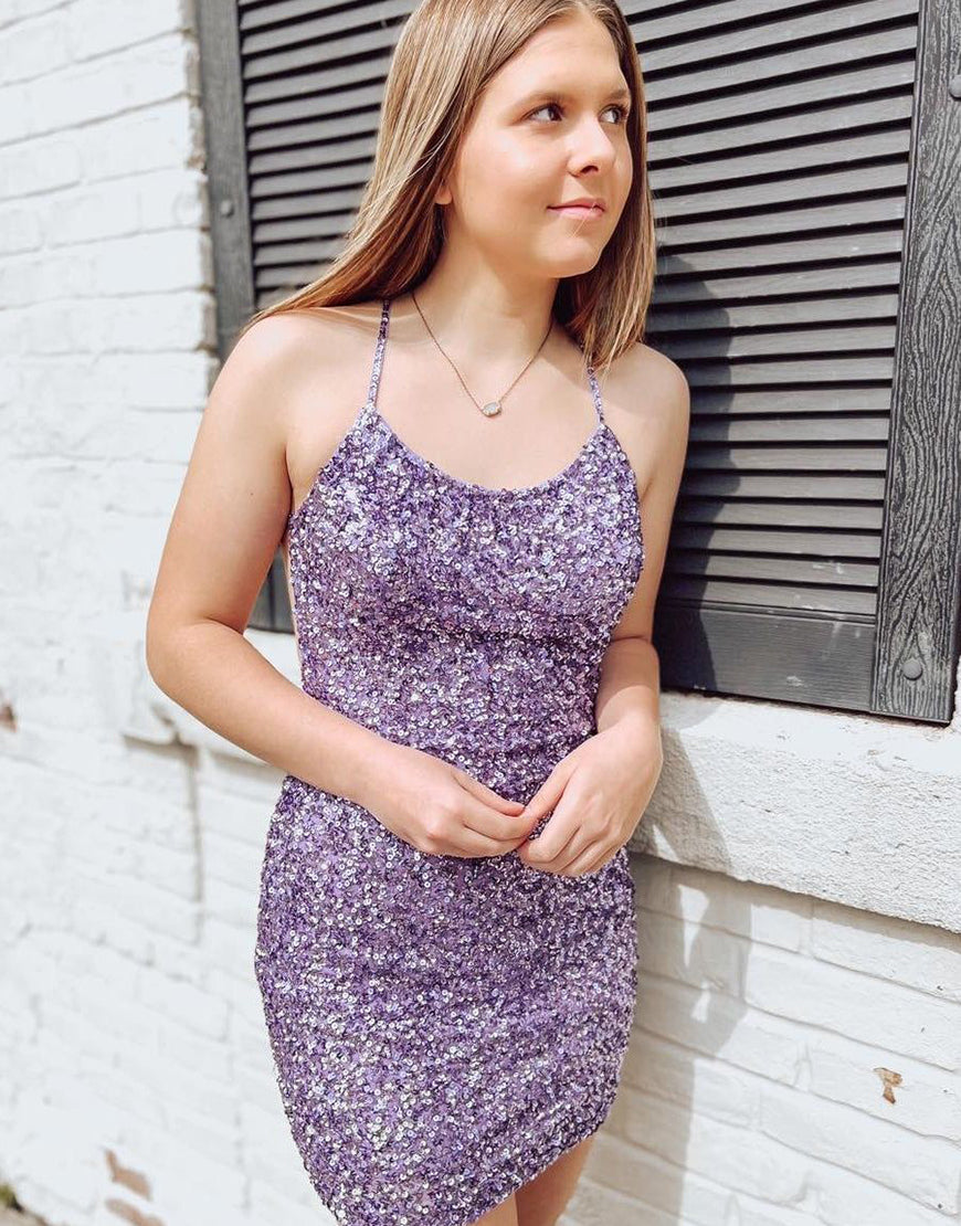 Purple Bodycon Criss-Cross Back Sequin Homecoming Dress