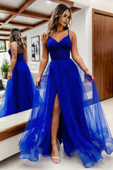 Simple Elegant Hot Pink Spaghetti Straps A-Line Long Tulle Prom Dress with Slit