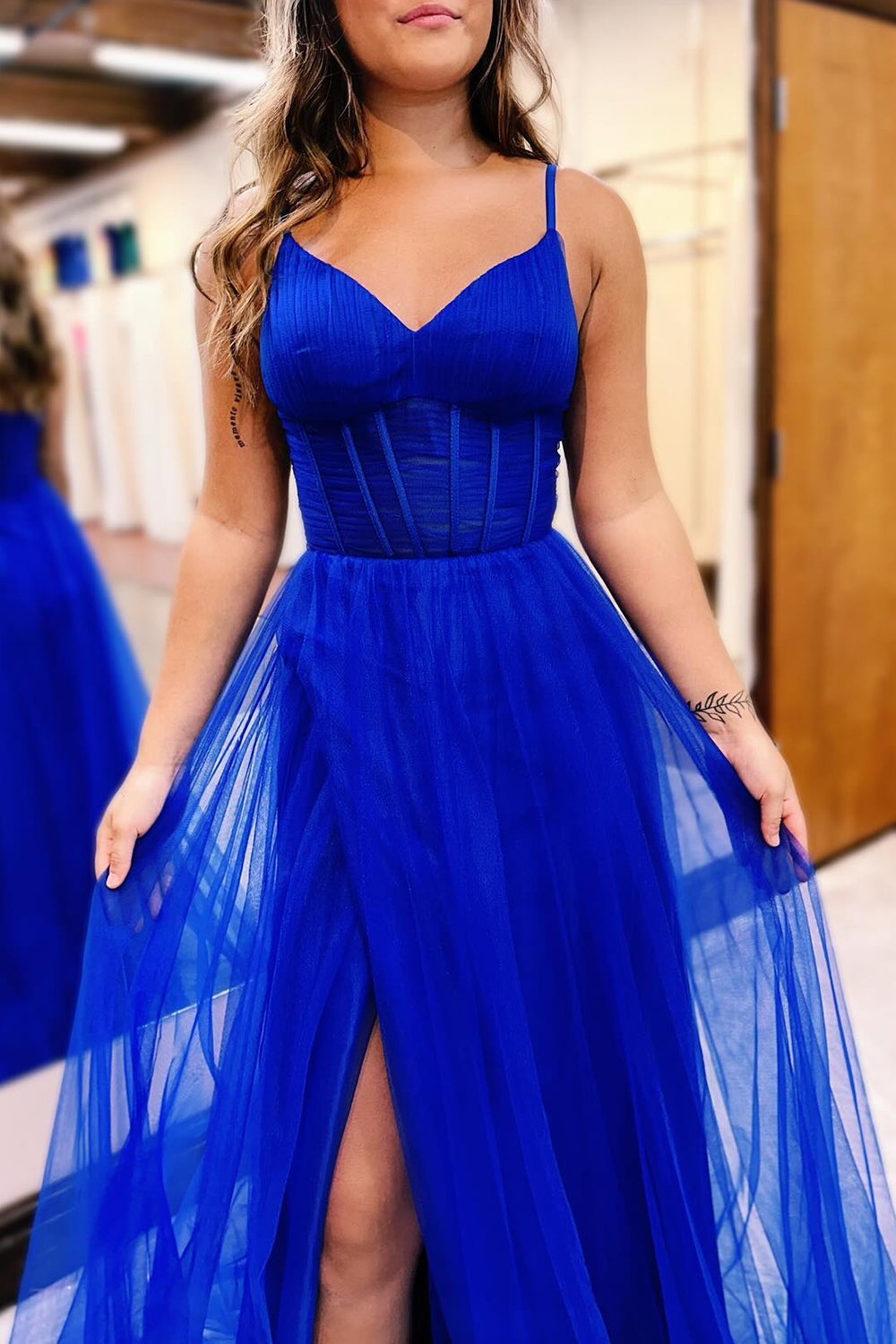 Simple Elegant Hot Pink Spaghetti Straps A-Line Long Tulle Prom Dress with Slit