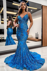 Sparkly Blue Mermaid Spaghetti Straps Sequins Long Backless Prom Dress