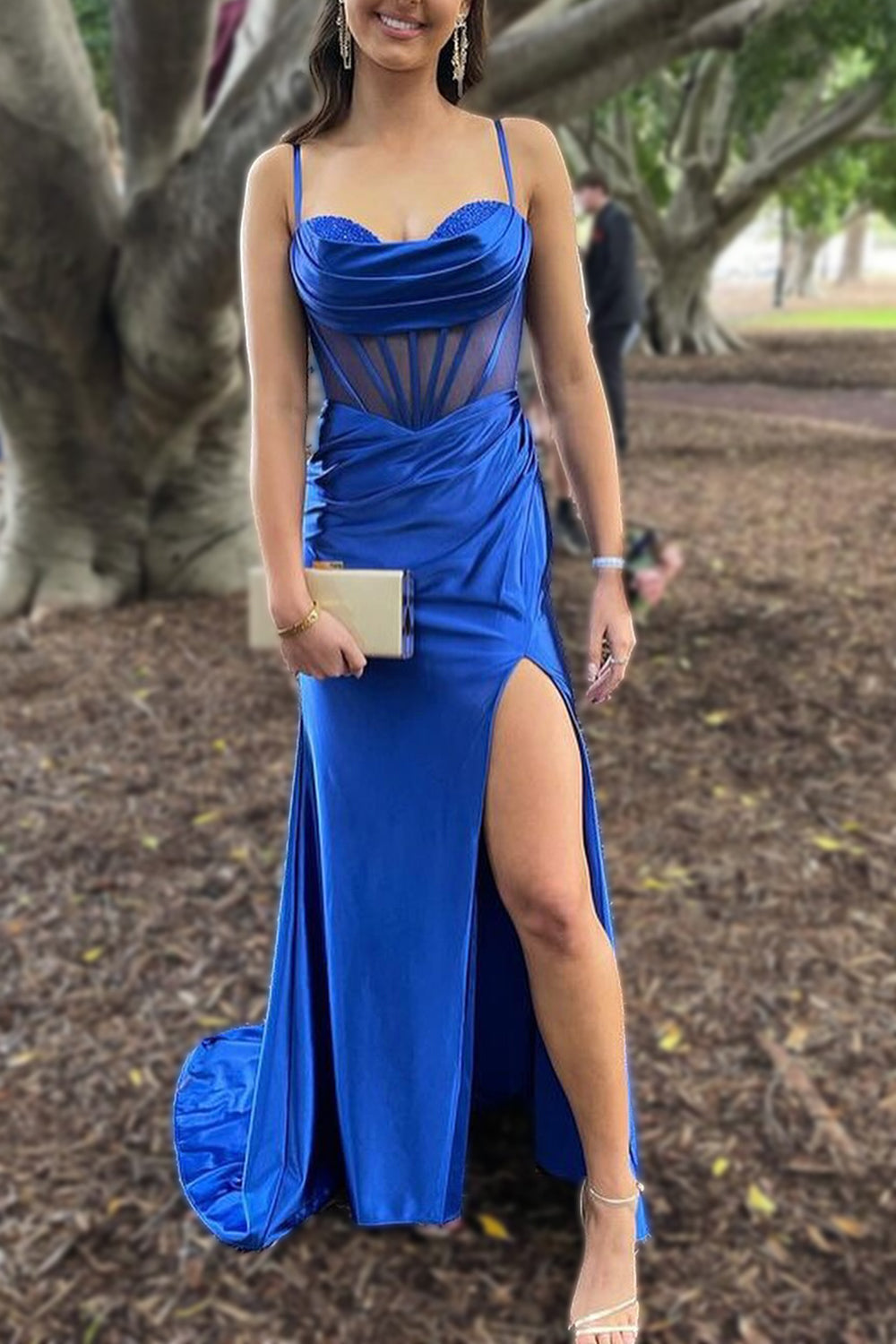 Royal Blue Mermaid Spaghetti Straps Long Satin Prom Dress With Split