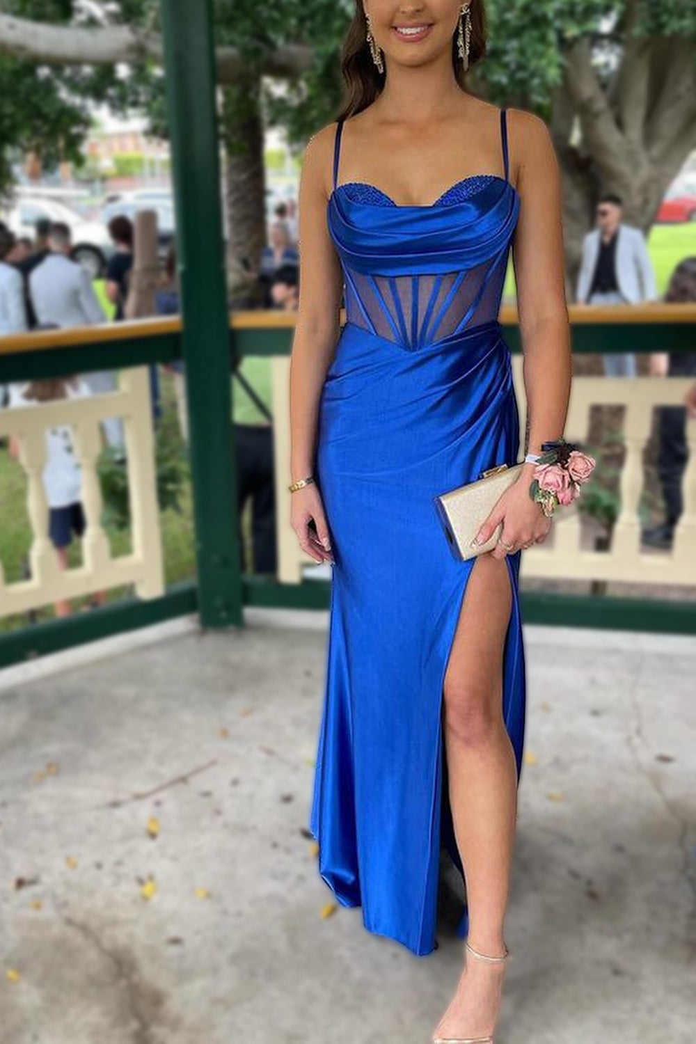 Royal Blue Mermaid Spaghetti Straps Long Satin Prom Dress With Split
