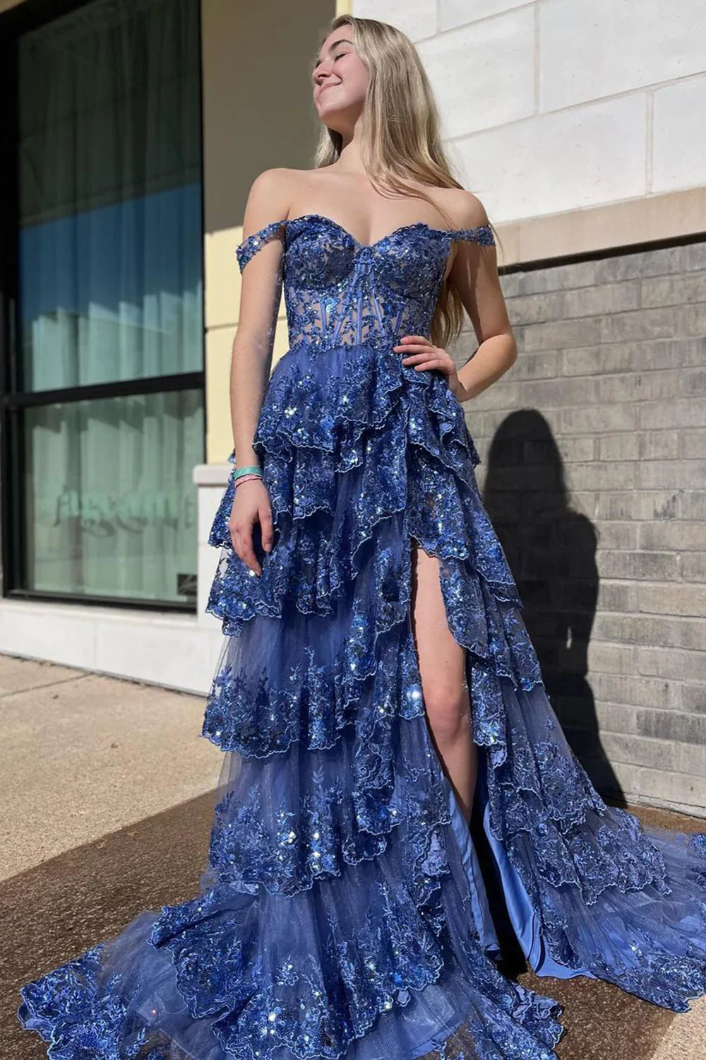 Stunning Glitter A-Line Off The Shoulder Long Tiered Prom Dress With Split