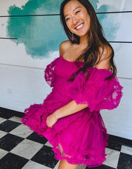 Fuchsia A-Line Off The Shoulder Short Tulle Party Dress