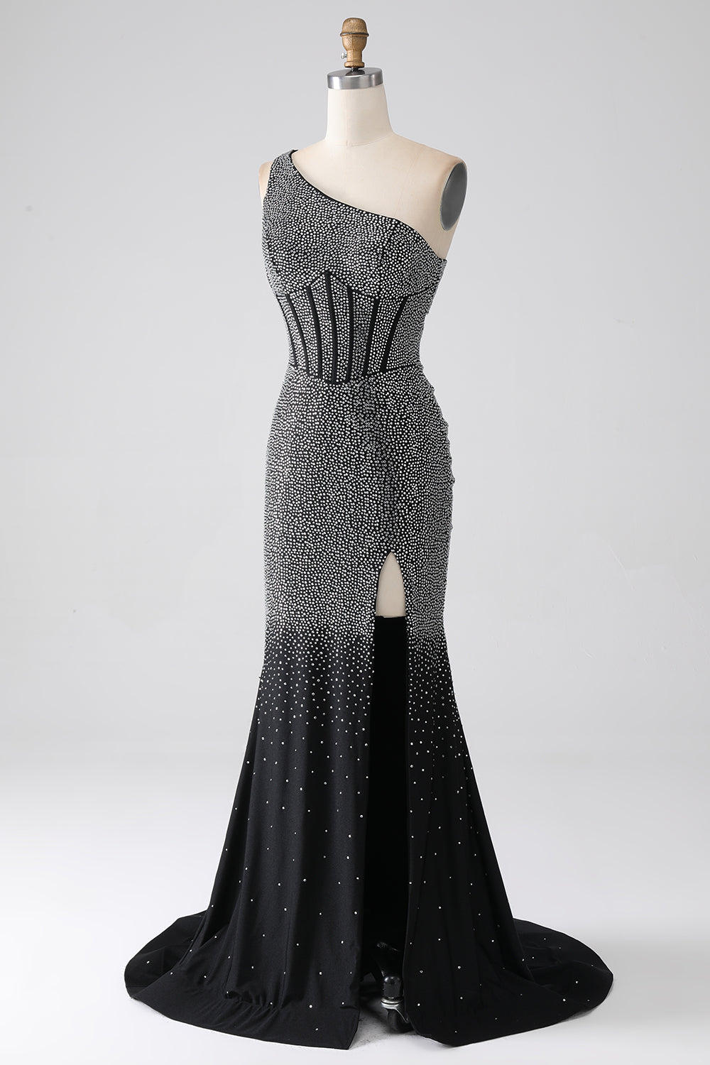 Black Sparkly Mermaid One Shoulder Keyhole Back Long Beaded Prom Dress