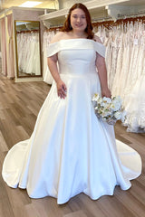 White Satin Off-the-Shoulder A-Line Long Wedding Dress
