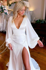 White V-Neck Long Sleeve Backless Long Wedding Dress with Slit