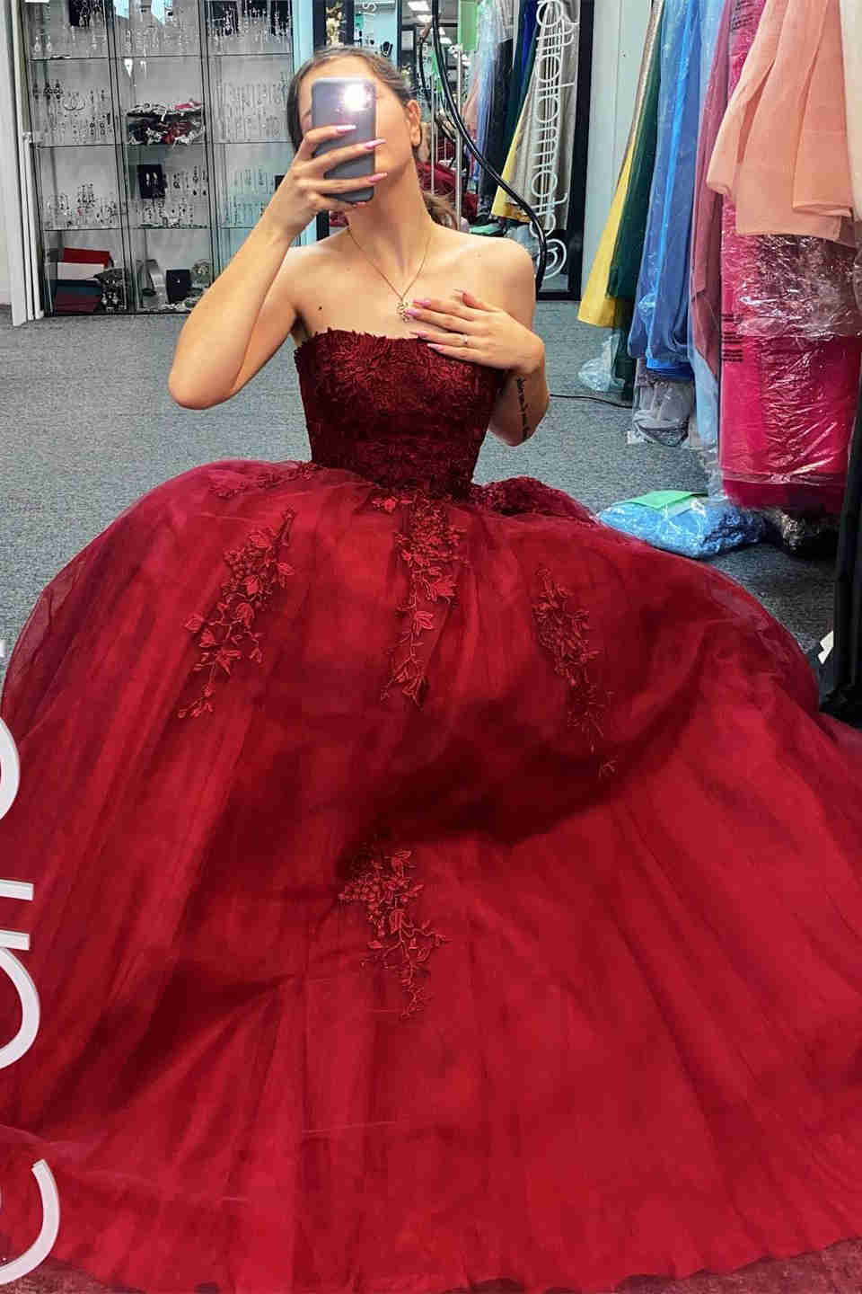 A-Line Strapless Fuchsia Appliques Long Formal Dress