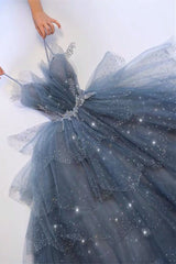 A-Line Princess Dusty Blue Beaded Long Formal Dress