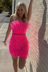 Strapless Blue Feathers Tight Homecoming Dress with Beaded Belt