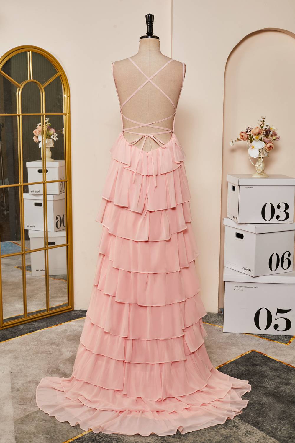 Straps Pink Ruffle Tiered Chiffon Long Prom Dress