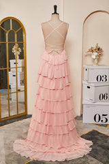 Straps Pink Ruffle Tiered Chiffon Long Prom Dress