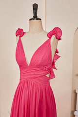 Plunging V-Neck Hot Pink Ruffled Straps A-Line Prom Dress