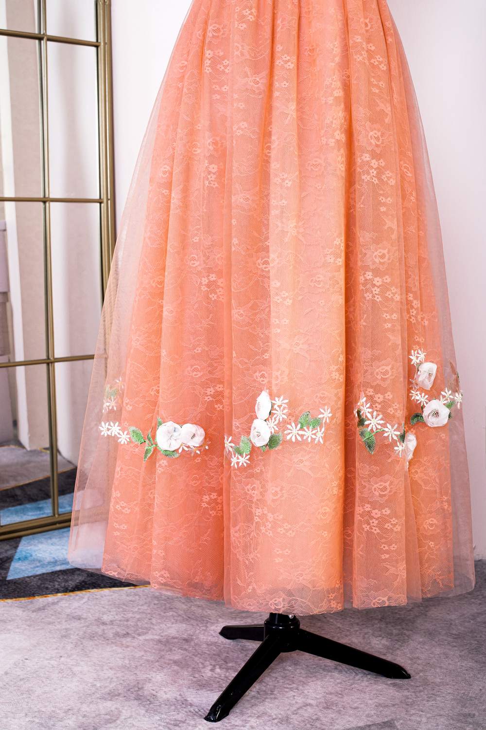 Burnt Orange Straps Lace Long Prom Dress with 3D Flowers
