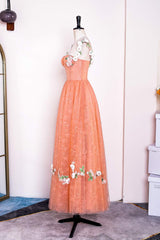 Burnt Orange Straps Lace Long Prom Dress with 3D Flowers