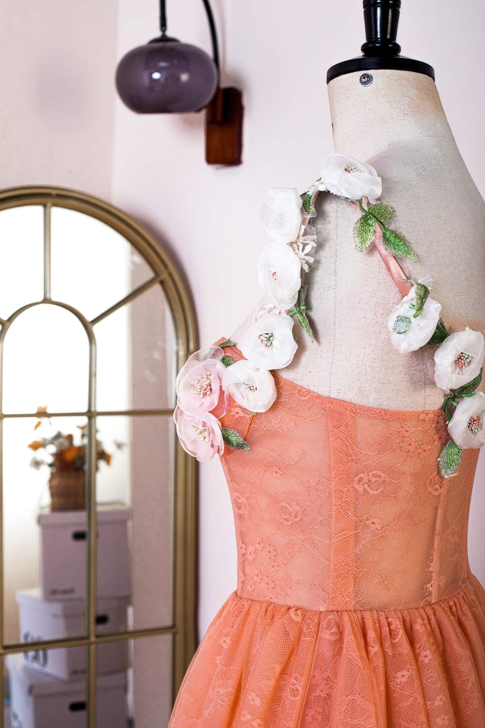 Burnt Orange Straps Lace Long Prom Dress with 3D Flowers