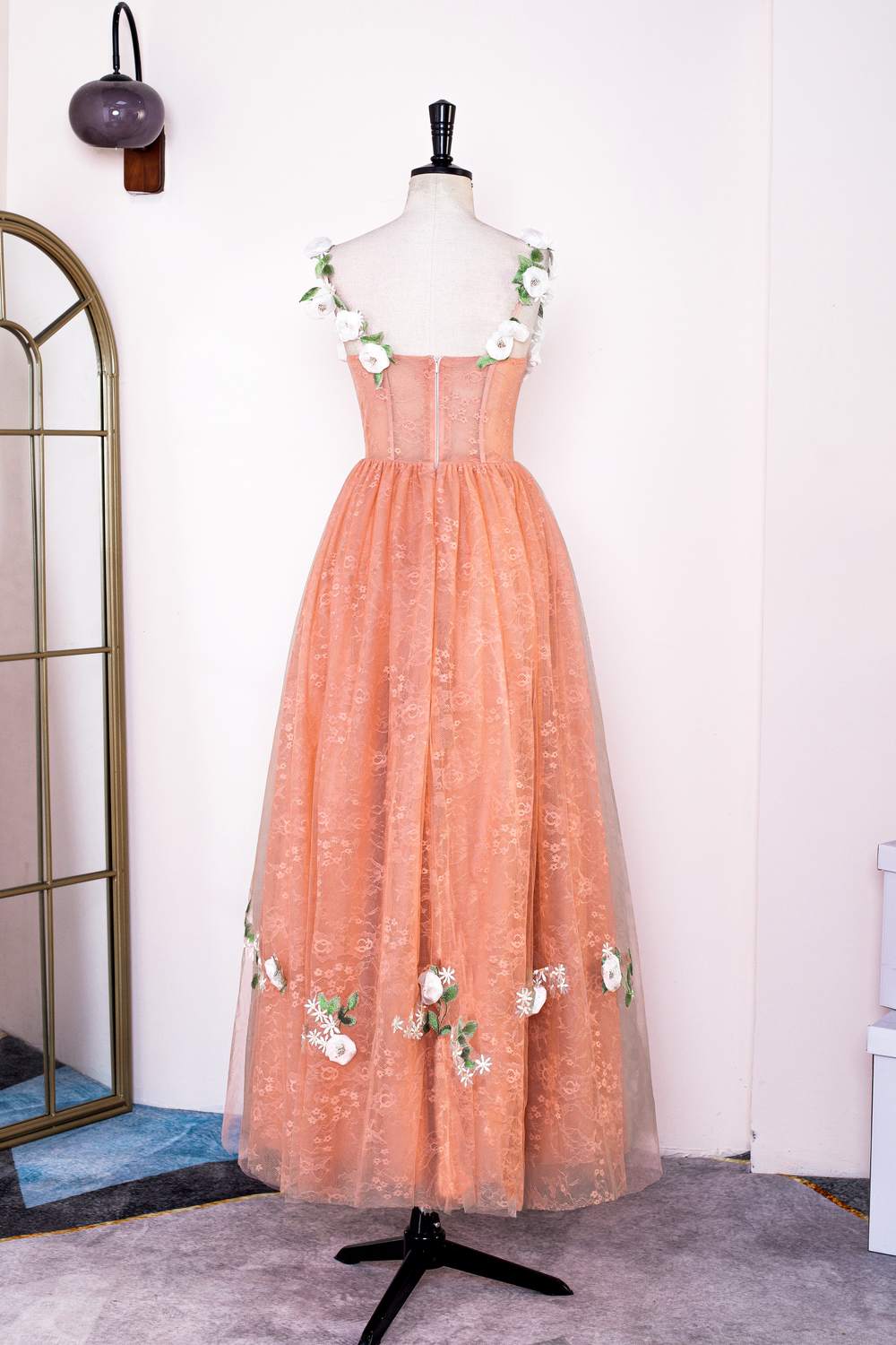 Burnt Orange Straps Lace Long Prom Dress with 3D Flowers