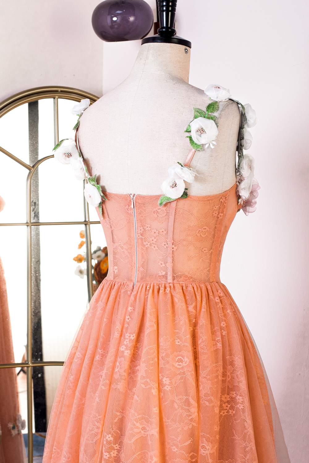 Burnt Orange Straps Lace Long Prom Dress with 3D Flowers