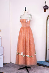 Burnt Orange Straps Lace Long Prom Dress with 3D Flowers