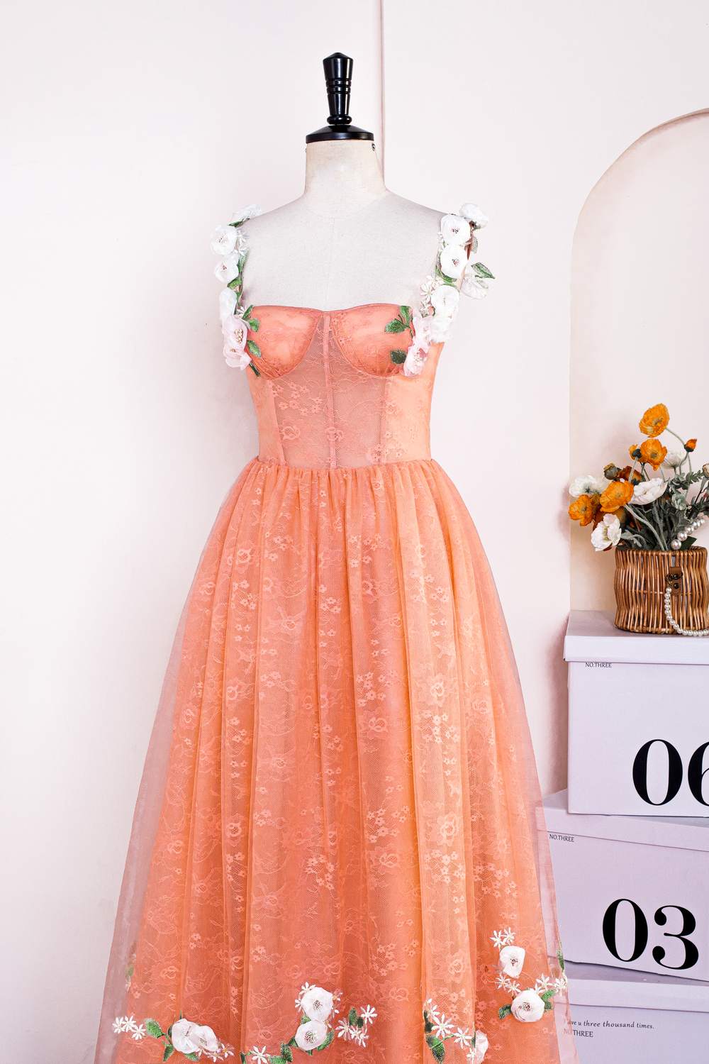 Burnt Orange Straps Lace Long Prom Dress with 3D Flowers
