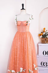 Burnt Orange Straps Lace Long Prom Dress with 3D Flowers