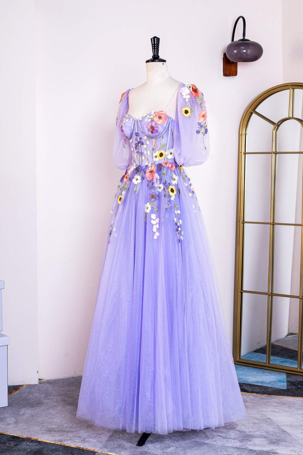 Lavender Floral Puff Sleeves Tulle A-Line Long Prom Dress