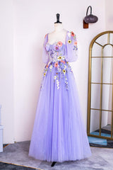 Lavender Floral Puff Sleeves Tulle A-Line Long Prom Dress