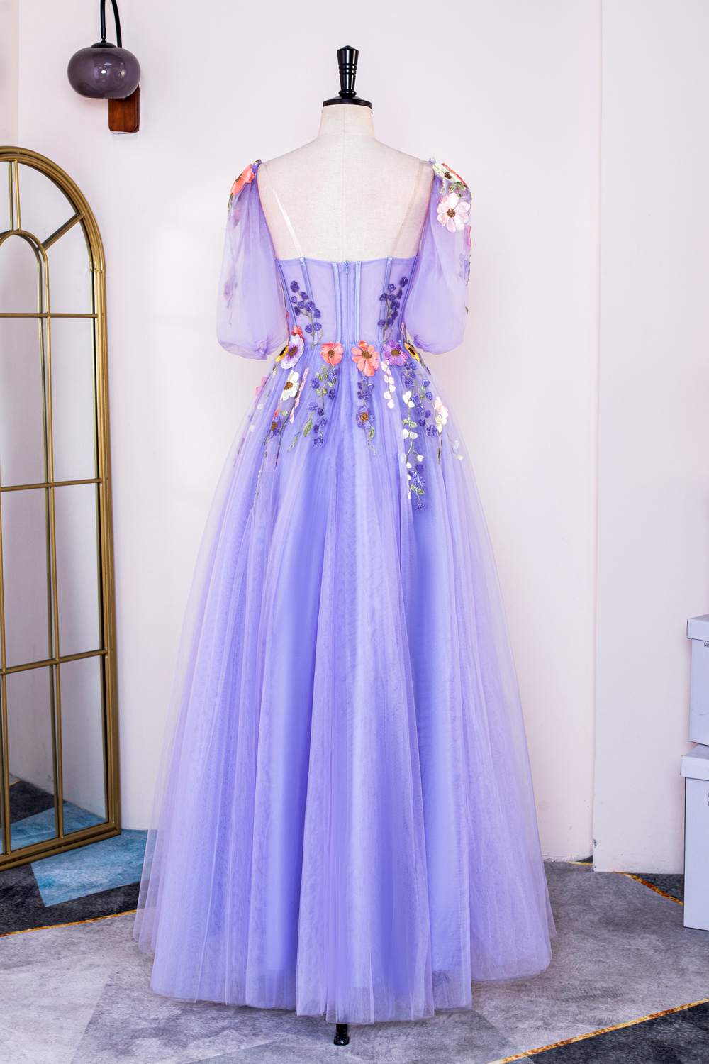 Lavender Floral Puff Sleeves Tulle A-Line Long Prom Dress