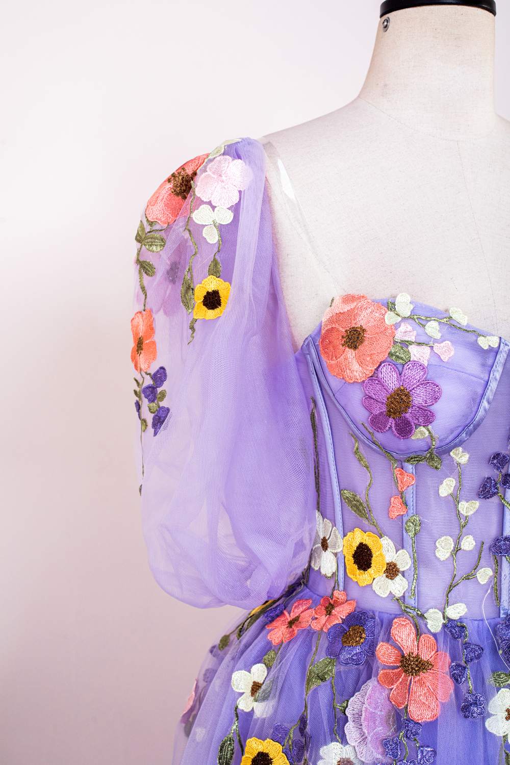 Lavender Floral Puff Sleeves Tulle A-Line Long Prom Dress