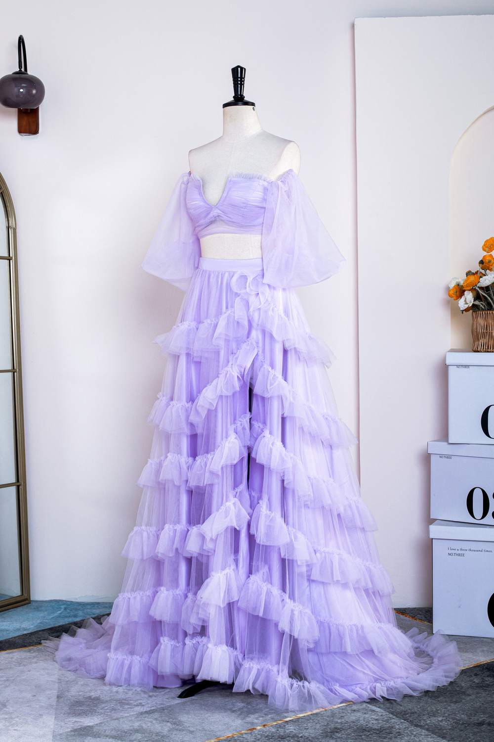 Two Piece Lavender Off the Shoulder Ruffles Prom Dress with Slit