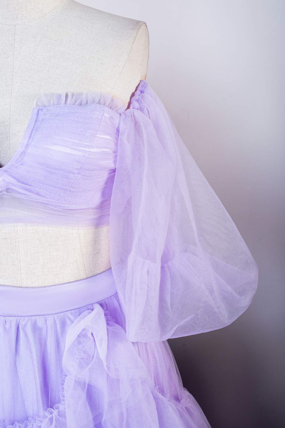 Two Piece Lavender Off the Shoulder Ruffles Prom Dress with Slit