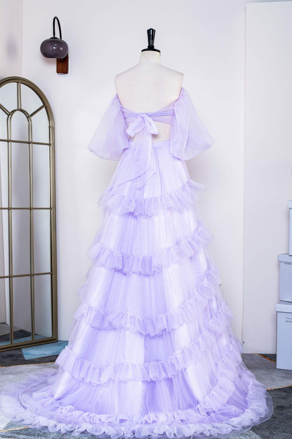 Two Piece Lavender Off the Shoulder Ruffles Prom Dress with Slit