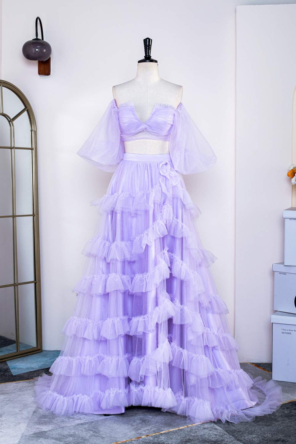 Two Piece Lavender Off the Shoulder Ruffles Prom Dress with Slit