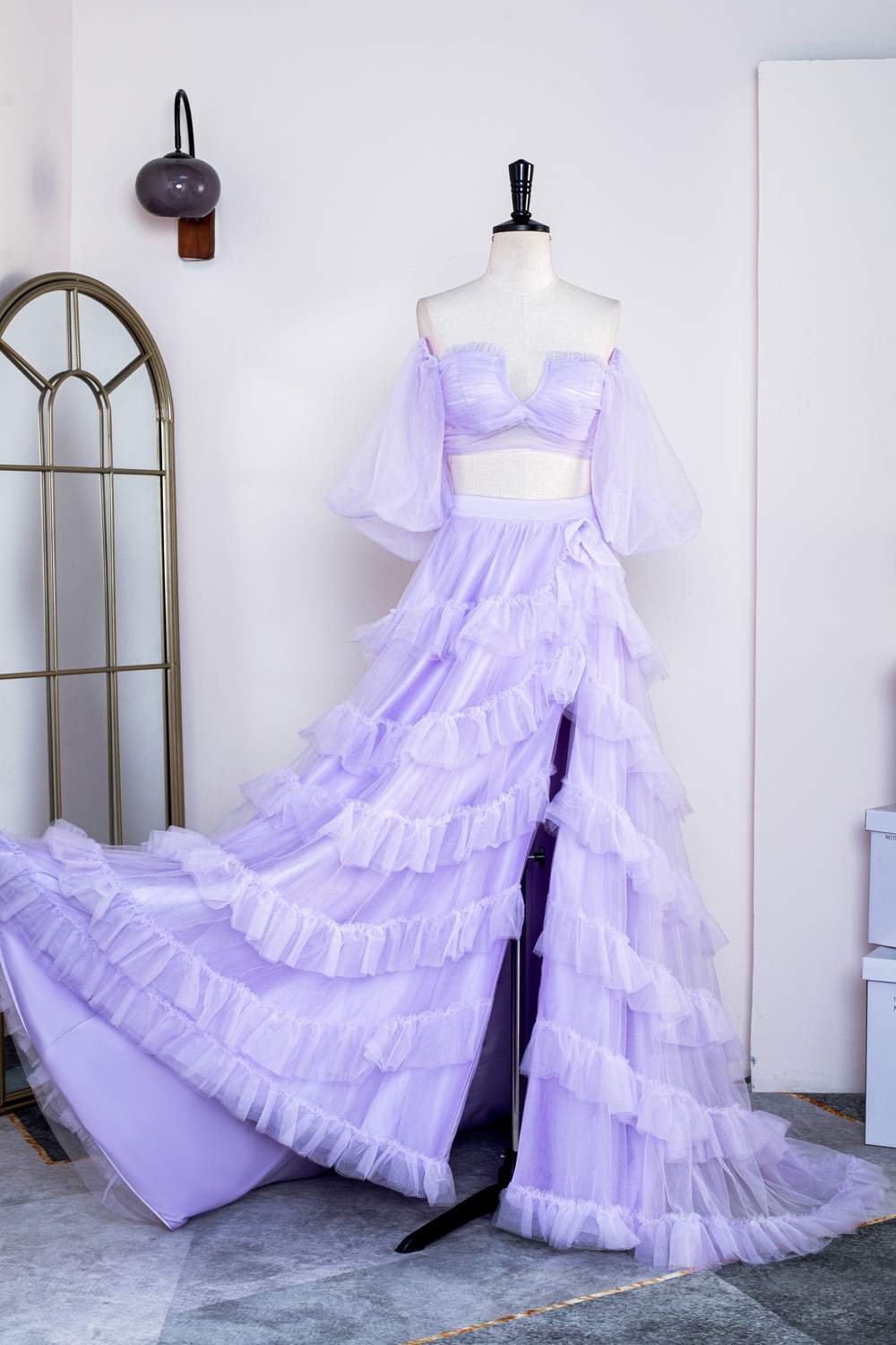 Two Piece Lavender Off the Shoulder Ruffles Prom Dress with Slit
