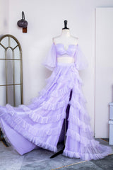 Two Piece Lavender Off the Shoulder Ruffles Prom Dress with Slit