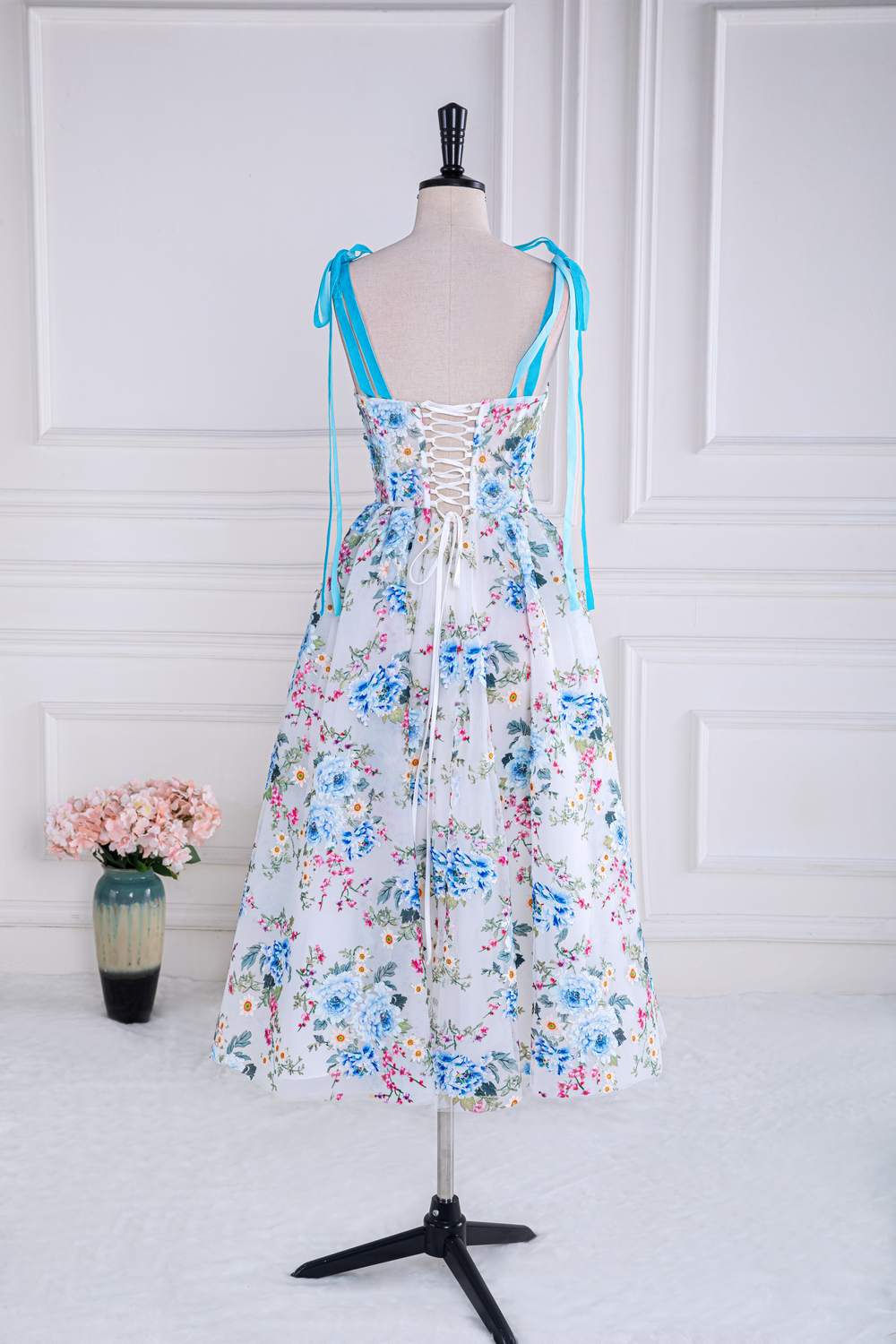 Tie Shoulder Blue Floral Embroidery Tea Length Prom Dress