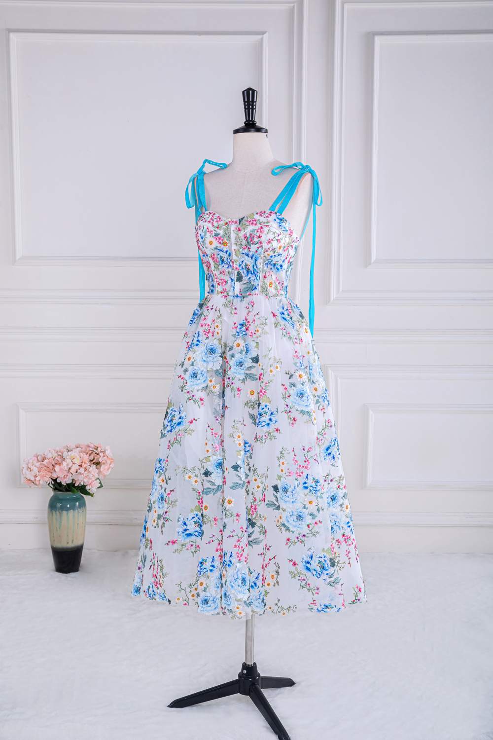 Tie Shoulder Blue Floral Embroidery Tea Length Prom Dress