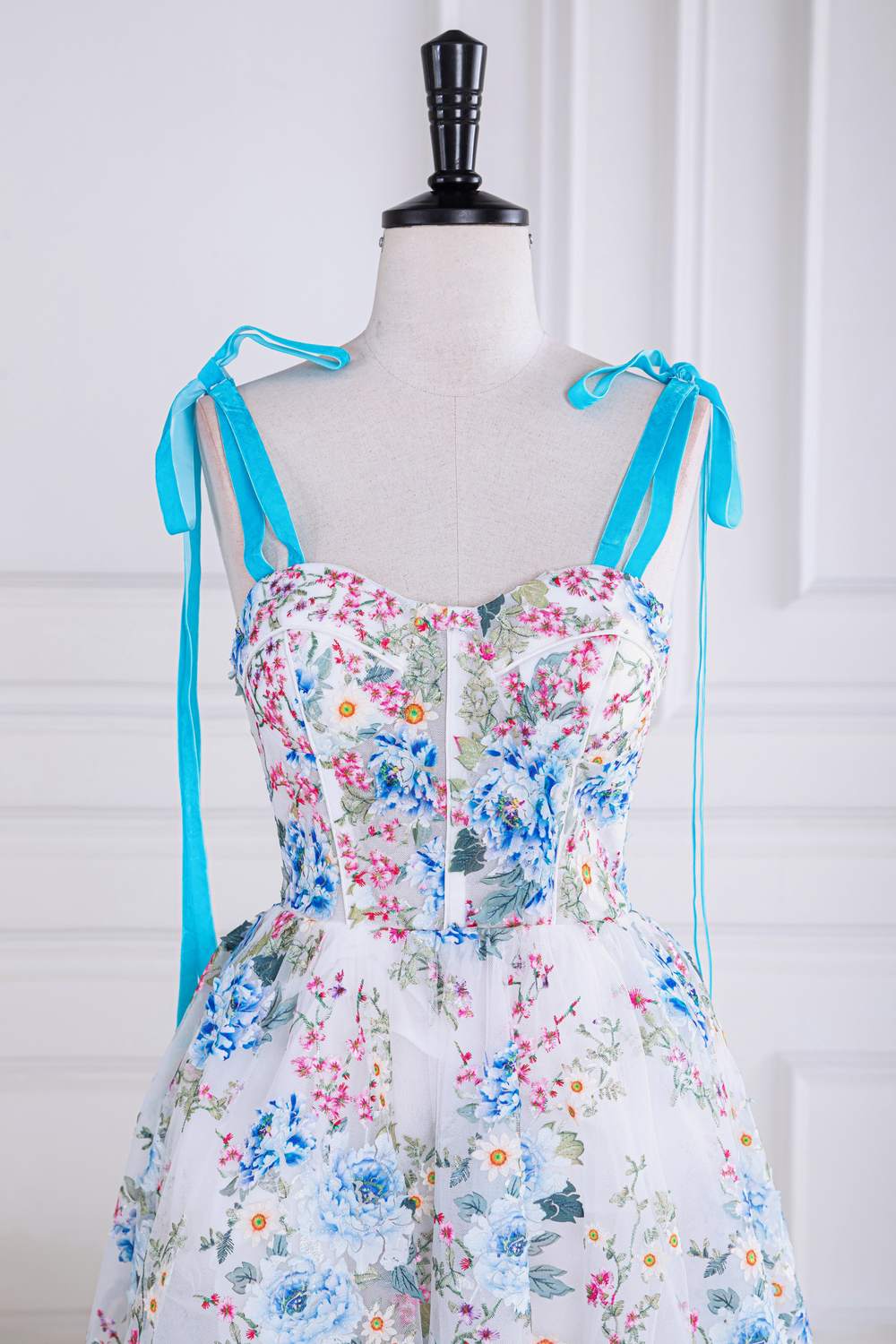 Tie Shoulder Blue Floral Embroidery Tea Length Prom Dress
